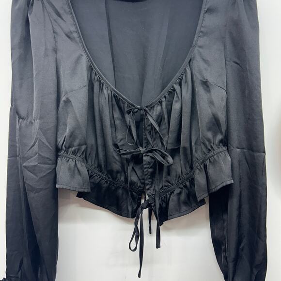 KITTENISH Black Satin Tie Front Cropped Crop Long Sleeve Blouse Top Medium - Picture 4 of 8